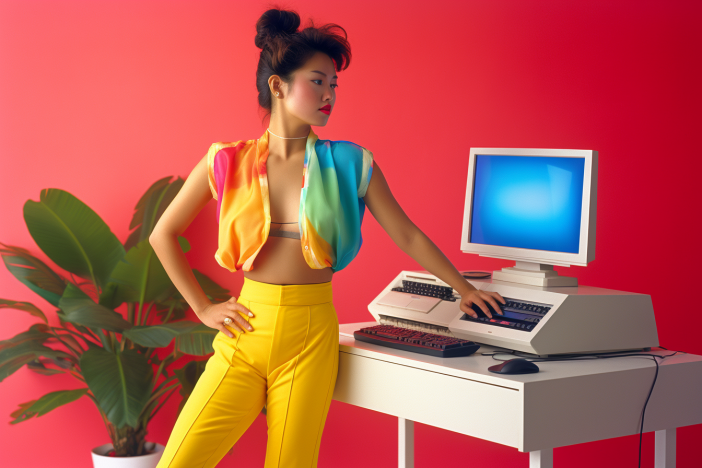 An asian woman at a standing desk in a colorful office with plant in the background