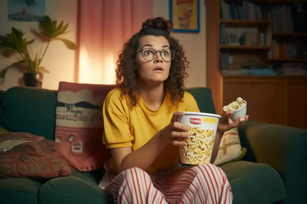 Woman sitting on a couch binge-watching in excitement while eating popcorns