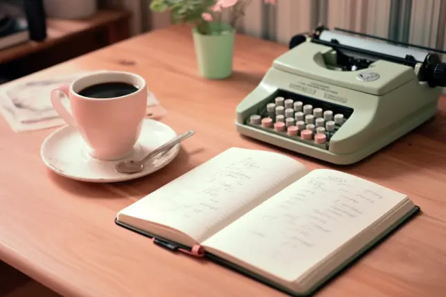 Habit planner on the vintage 1980s styled oak table with a typewriter and a coffee cup