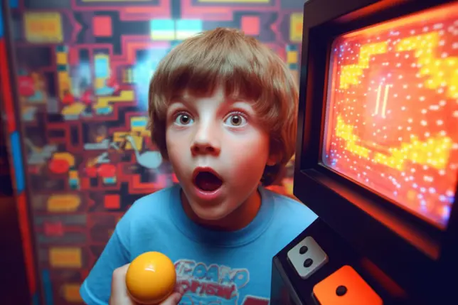 A kid playing pac-man in 1980s game room