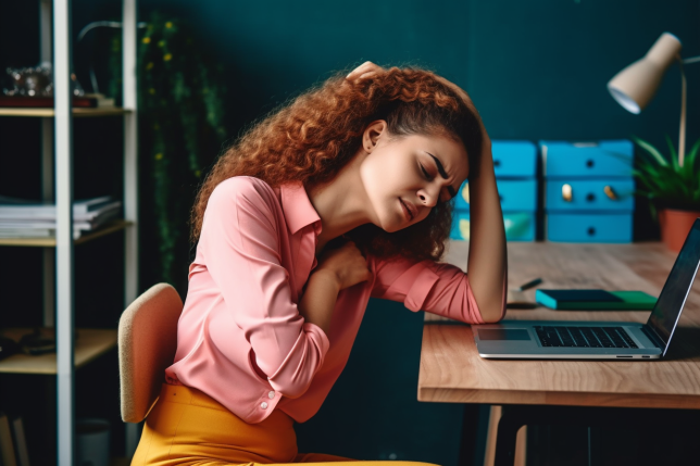 A woman aching in pain at her work desk from sedentary lifestyle