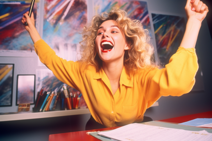 An estatic 80s woman smiling doing the desk exercises