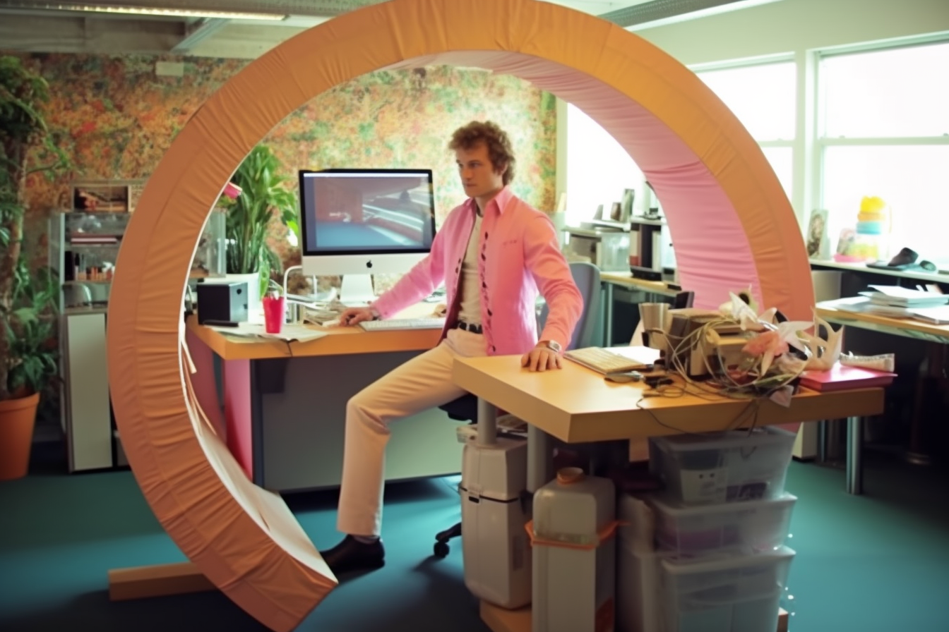 A guy in a modernistic hampster wheel remote working in his room