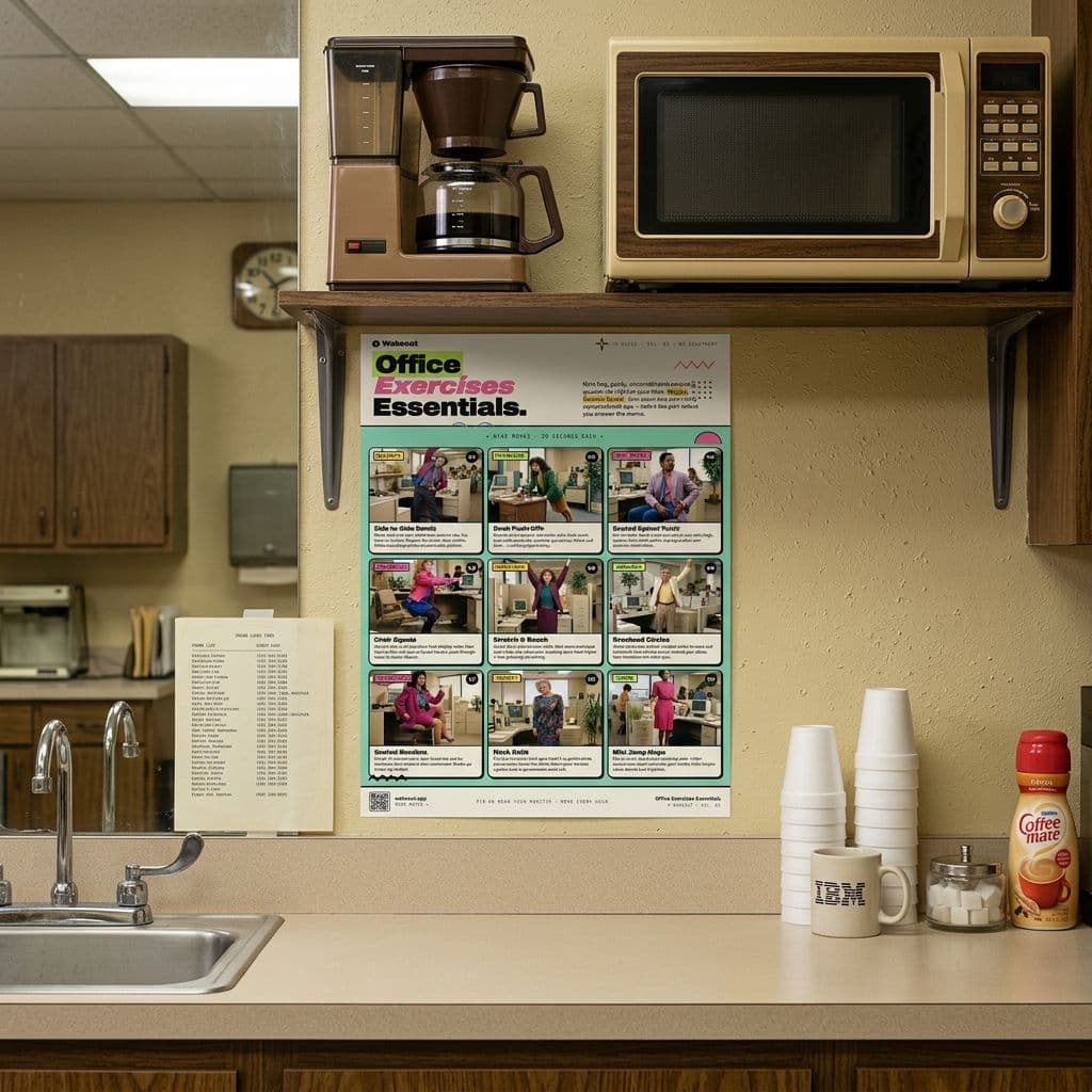 The Wakeout desk exercise poster mounted on an 80s office breakroom wall next to a coffee maker and IBM mug