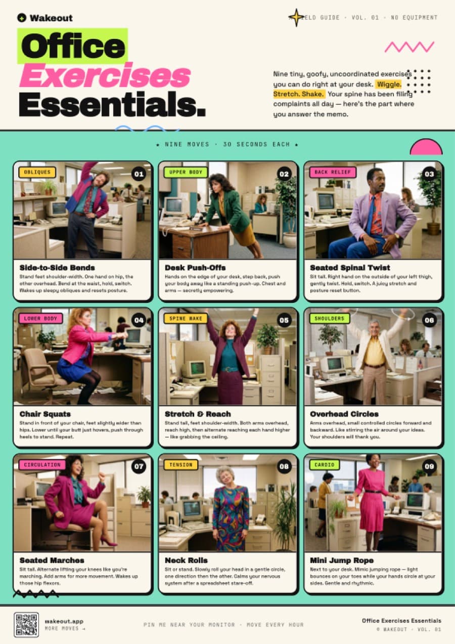 Full preview of the Wakeout printable desk exercise poster — nine numbered exercises with muscle-group tags in an 80s corporate aesthetic