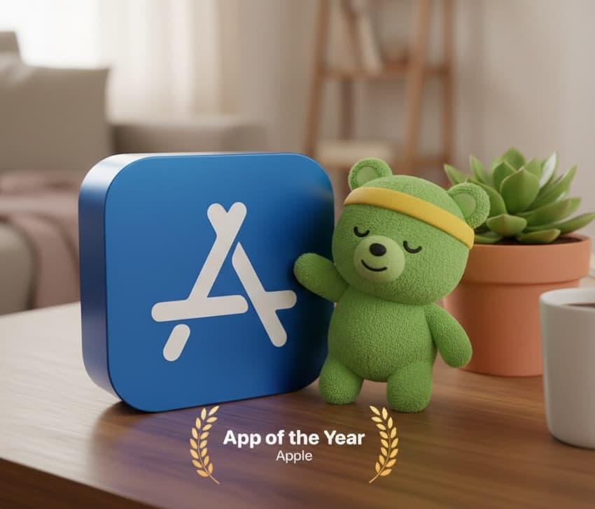 Wakefield the bear plushy next to the Apple App of the Year App Store icon
