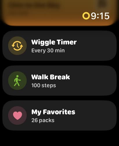 El menú de la app de Wakeout en el reloj: Temporizador de Movimiento cada 30 min, Pausa para caminar de 100 pasos, Mis favoritos con 26 packs