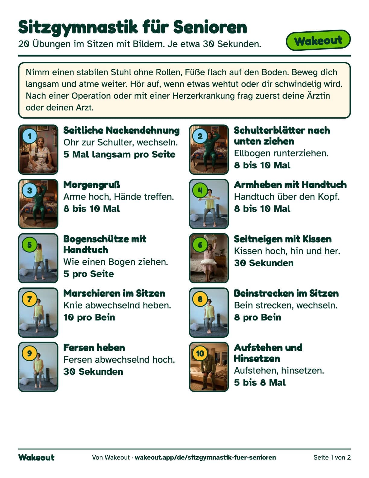 Seite eins des kostenlosen PDFs mit Sitzgymnastik für Senioren