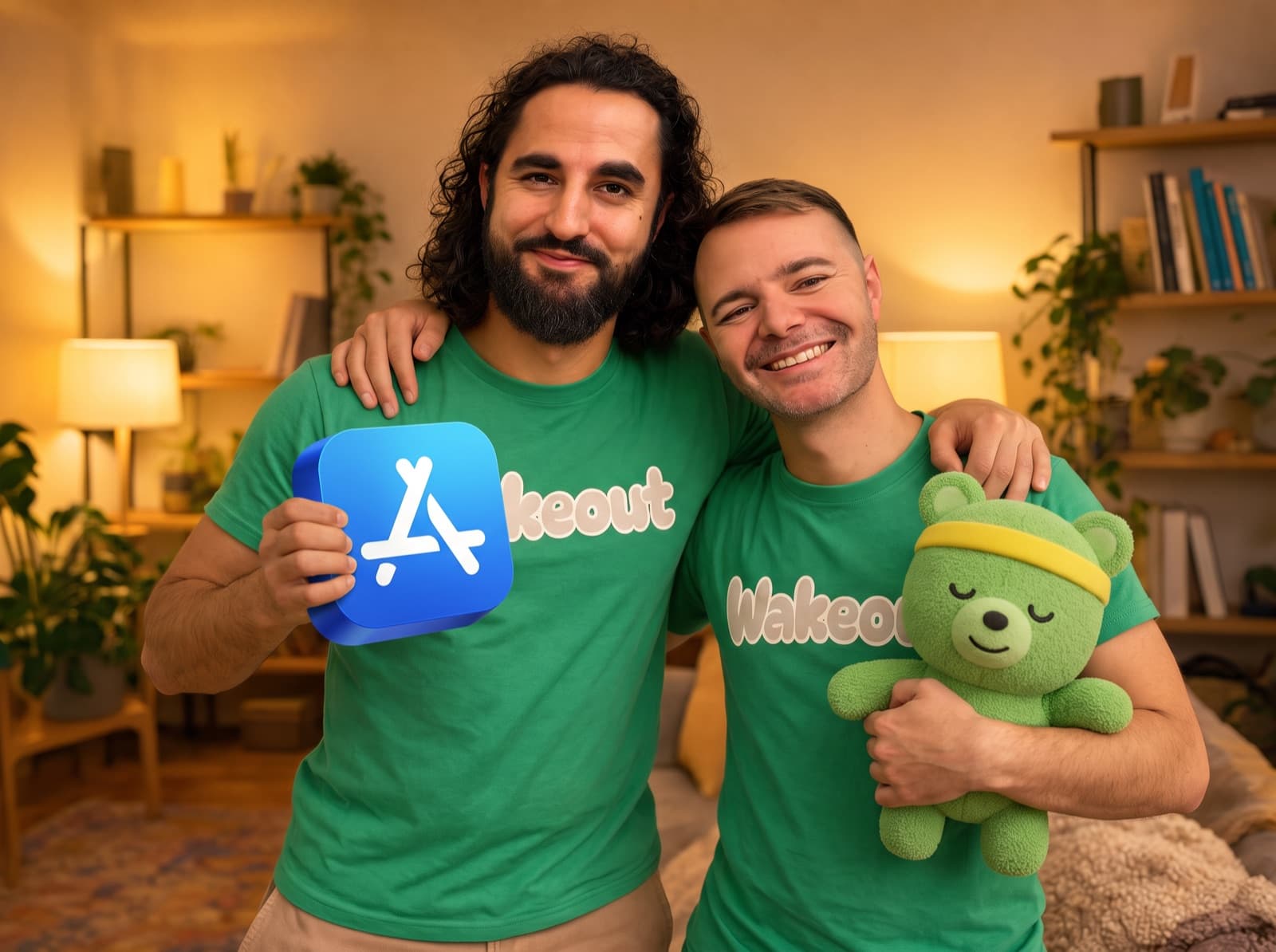 Wakeout co-founders Pedro and Andres in green Wakeout t-shirts in a cozy living room, Pedro holding Apple's App of the Year award, Andres hugging a Wakefield plush