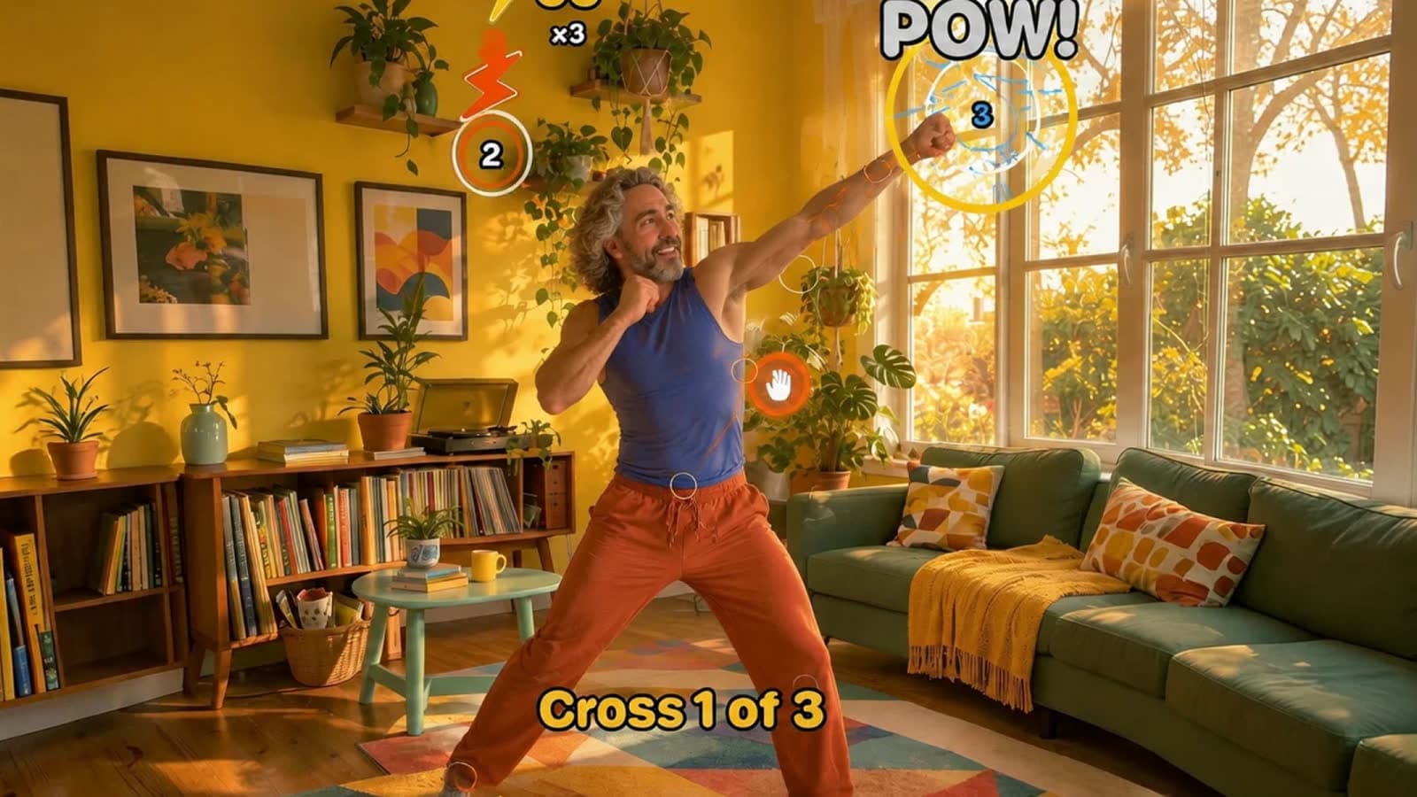 A person mid-round of Wattrobics in a sunlit living room, cross-body target lit on the phone screen