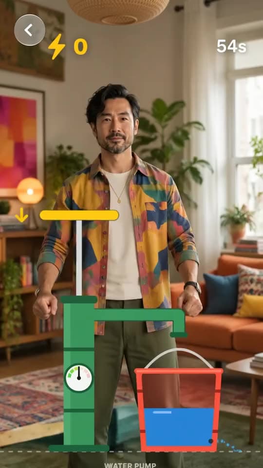 스쿼트 물 펌프: 스쿼트로 펌프질. 양동이를 채워요.