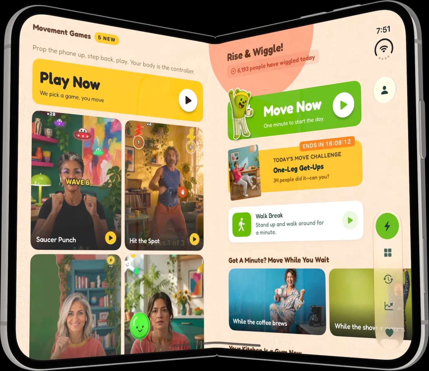 iPhone Duo aberto com a tela dividida do Wakeout: jogos de movimento e Jogar agora à esquerda, a tela inicial à direita