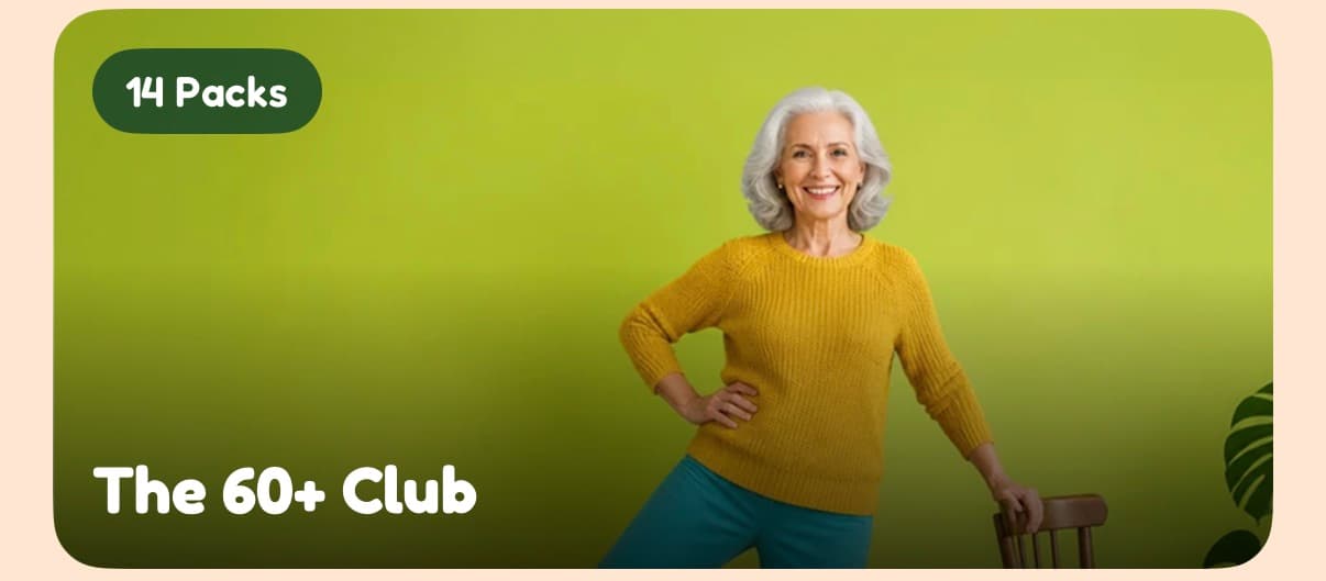Wakeout App 裡的 60歲以上俱樂部:14 個運動包,一位穿芥末黃毛衣的銀髮女性笑著把手搭在椅子上
