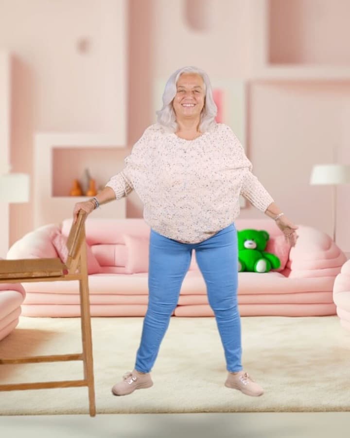 A silver-haired woman holding a chair back during a gentle standing hip exercise