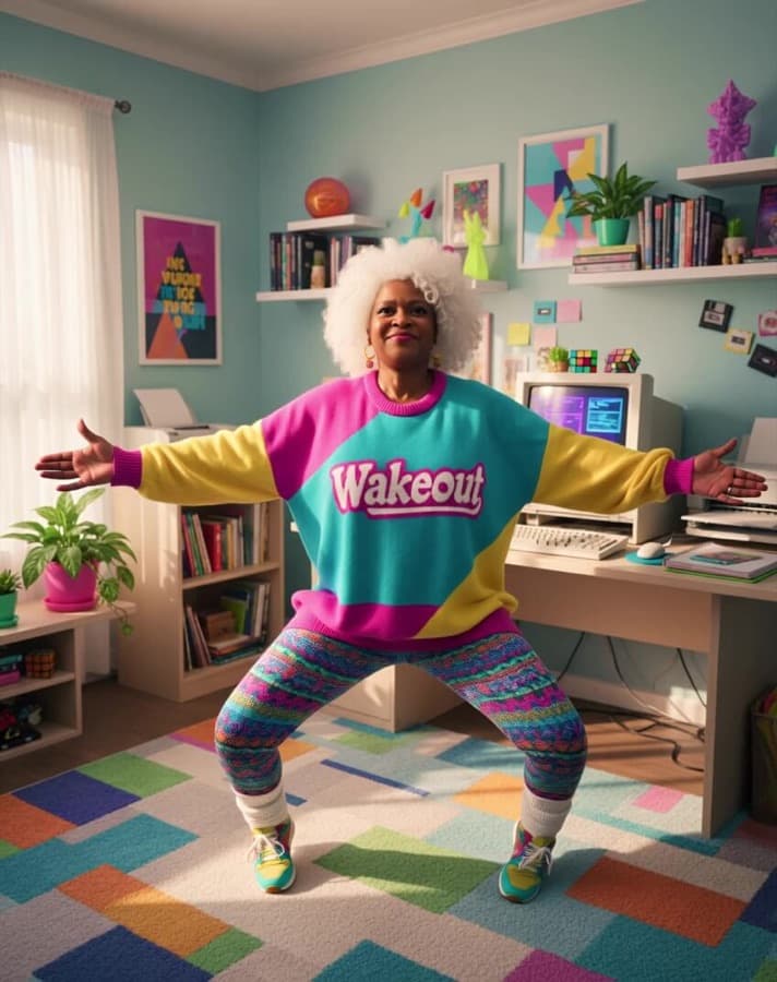 An older woman in a colourful Wakeout sweater doing a wide squat in her living room