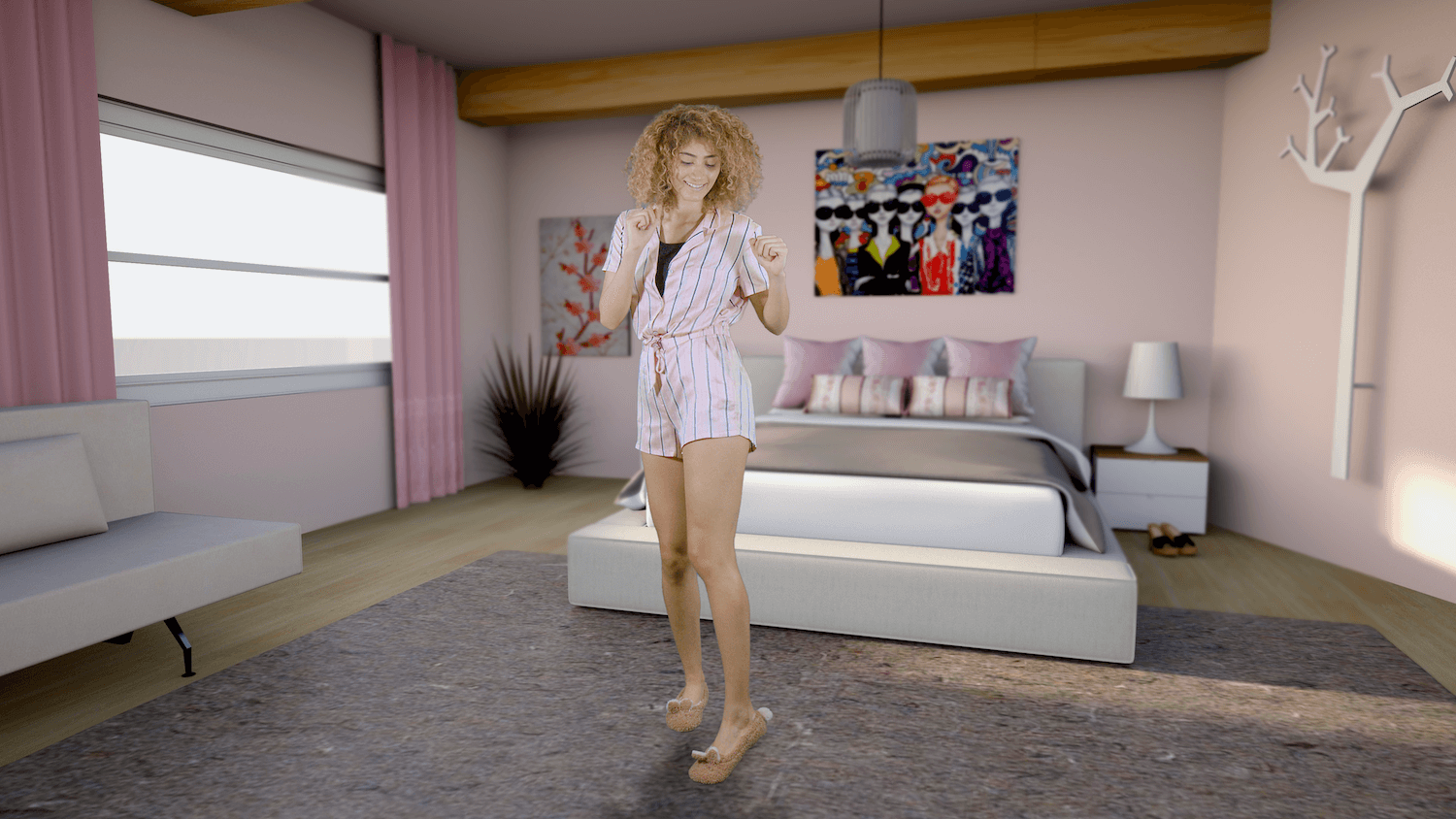 A young woman dancing in her bedroom