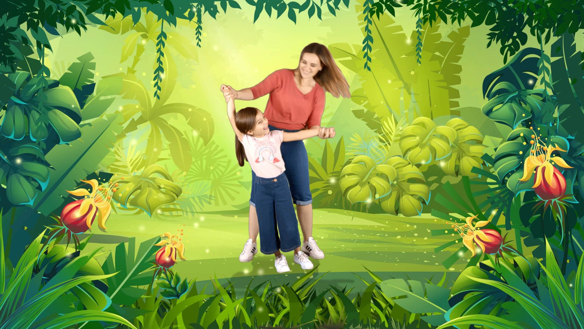 A mom and a little girl enjoying exercise in cartoon jungle