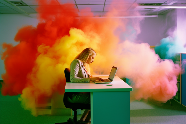 A woman in an office having a burnout with smoke comming out in the entire office