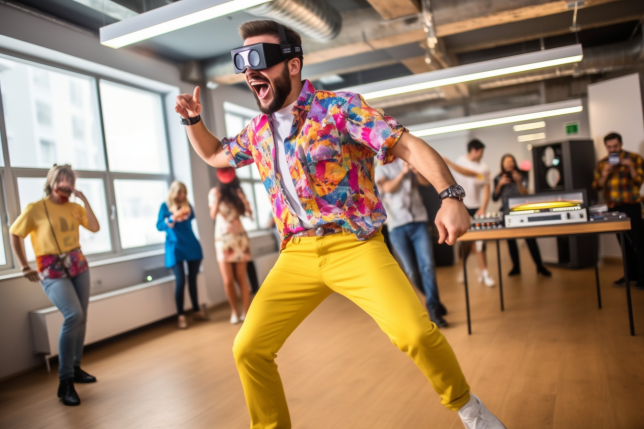 A guy in a colorful shirt wearing VR dancing in his office 