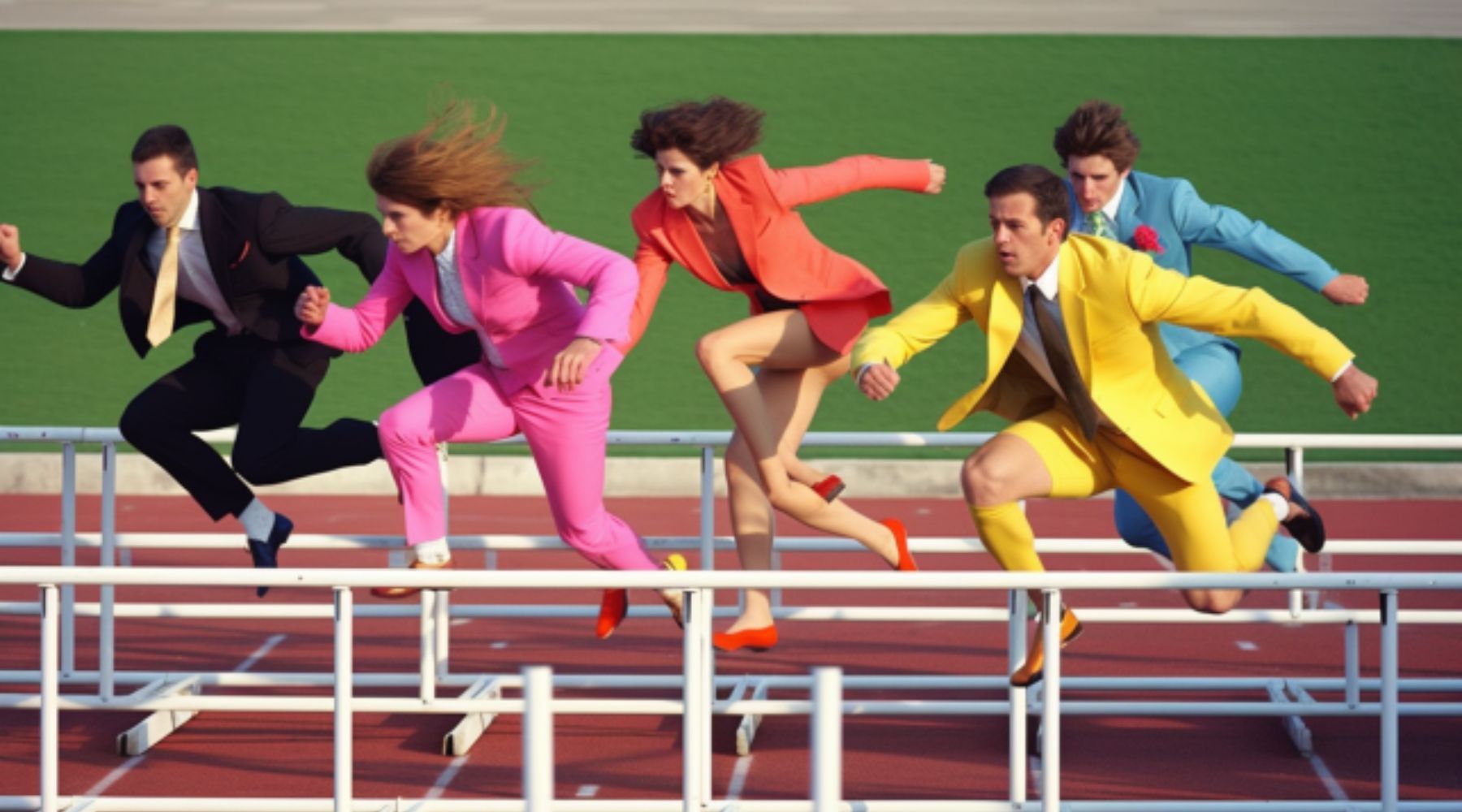 A group of people in colorful outfit jumping over barriers