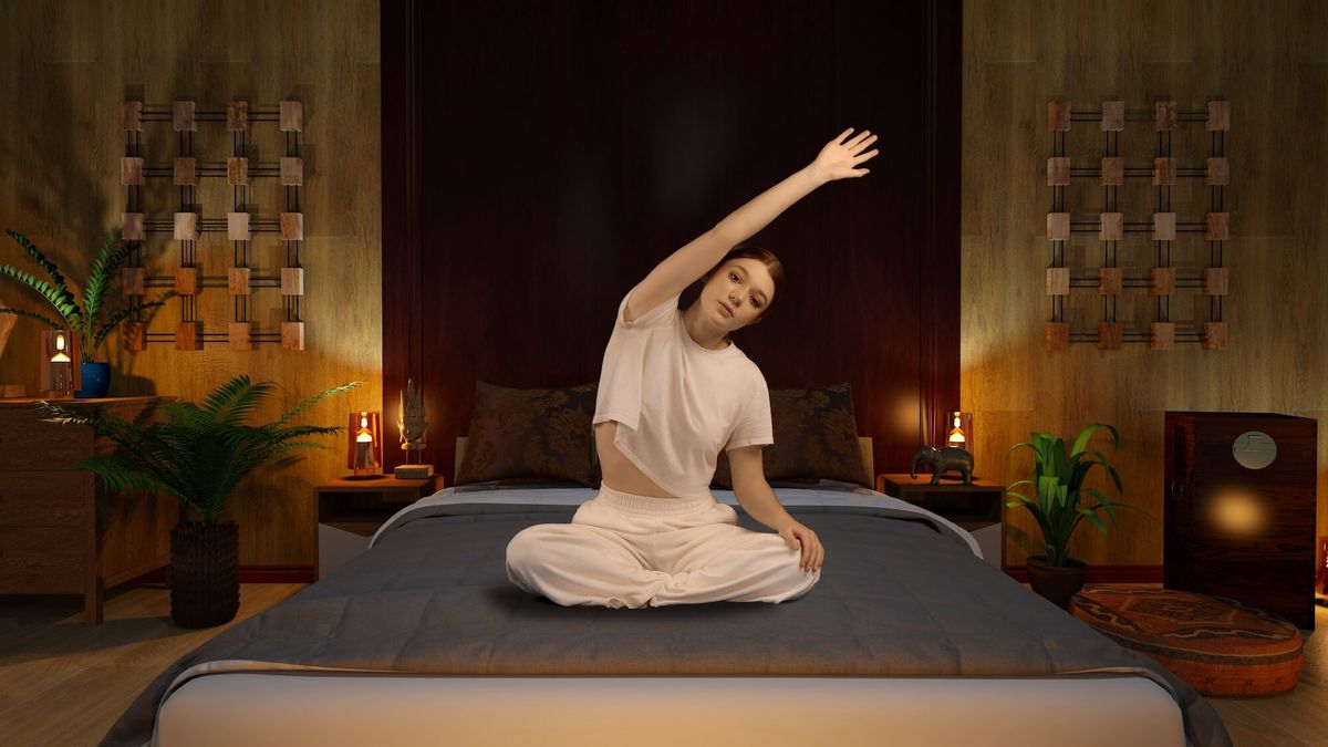 A tension release yoga session in bed