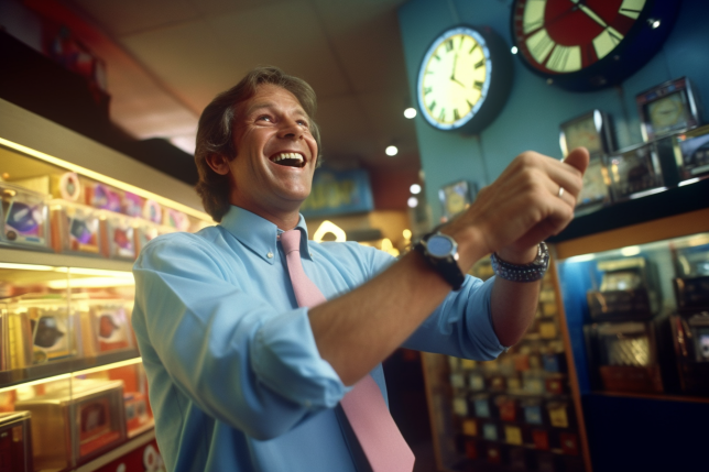 A watchmaker having a fun time in a watch shop