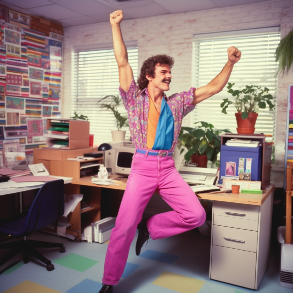 An ecstatic man in his 30s with a mullet haircut in 80s styled office doing desk exercises.