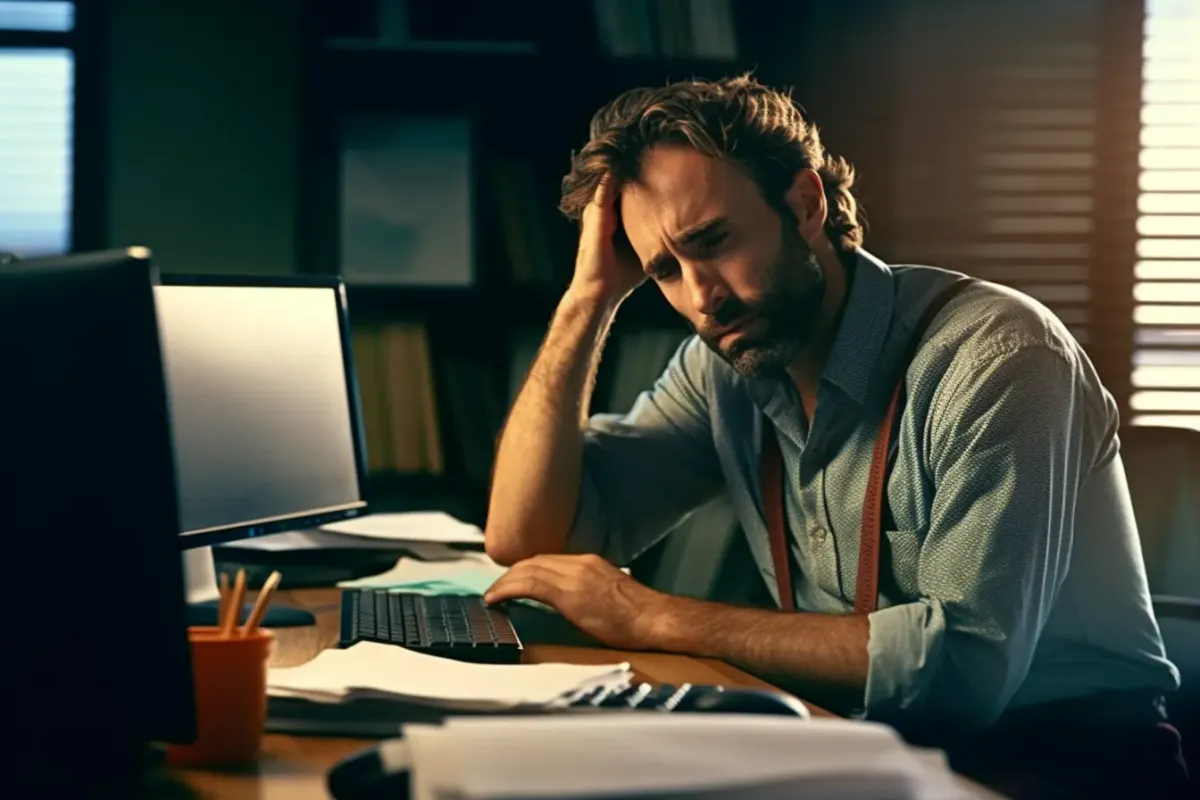 A man in the office experiencing a burnout and staying late at work