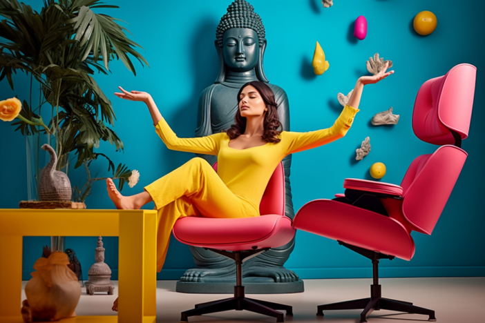 A woman in her colorful office chair doing chair yoga pose