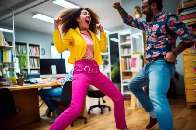 Colleagues at work in home office dancing taking physical activity breaks