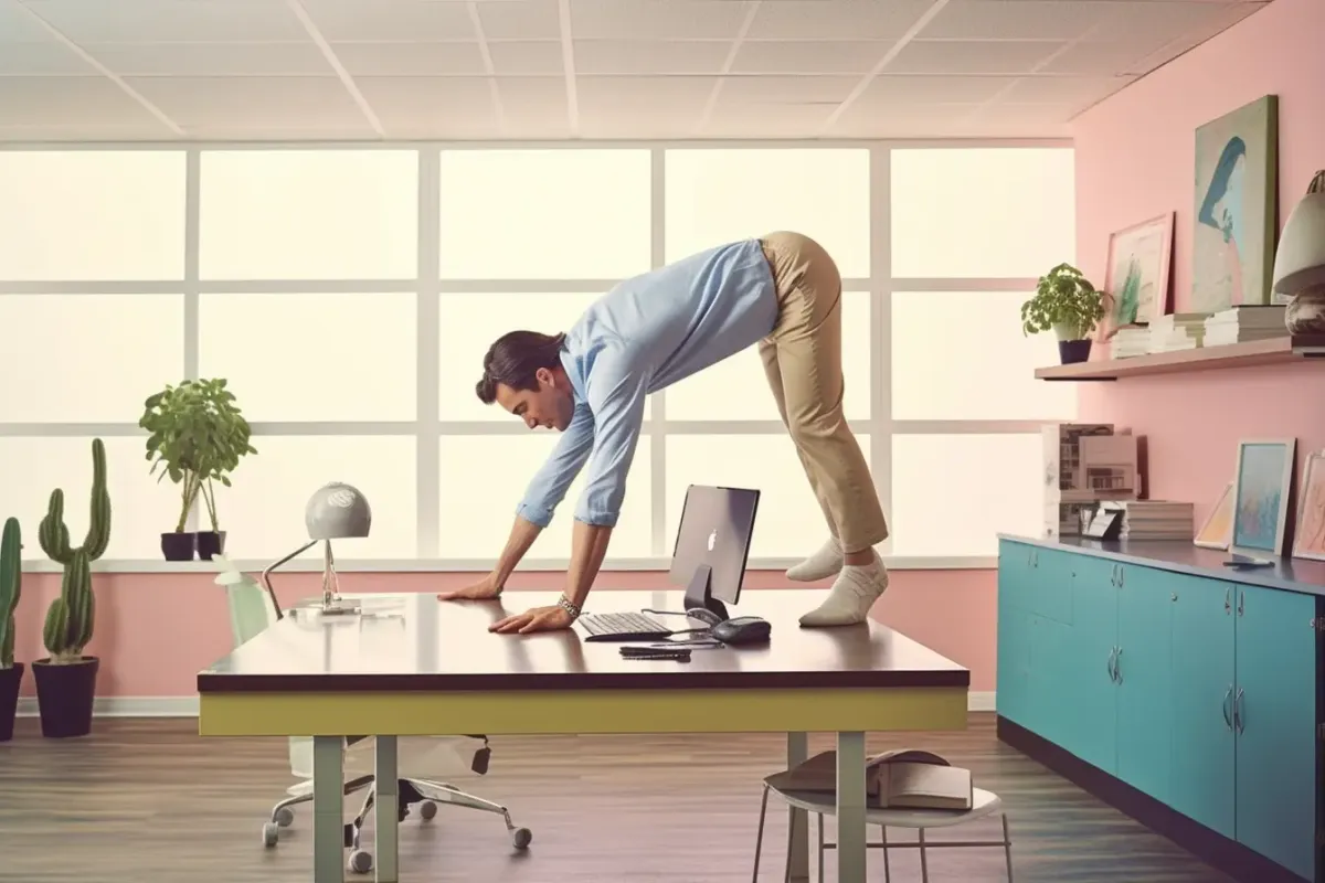 A man doing bear walks on his work desk in a stylish colorful office