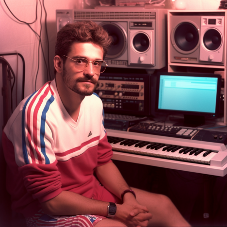 A producer wearing retro, old-school sportswear looking at the camera in his studio