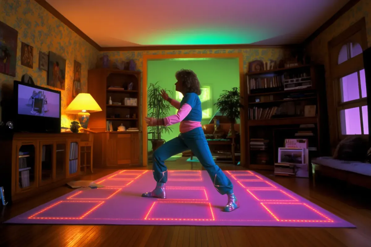 Woman doing arobics at her disco living room by following the tv instructions
