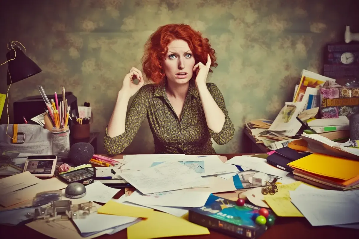 A woman looking surprised at another work interuption sitting at a desk full of papers and stuff