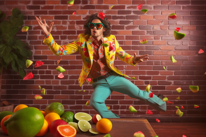 A guy in a colorful 80s fashion catching flying fruits