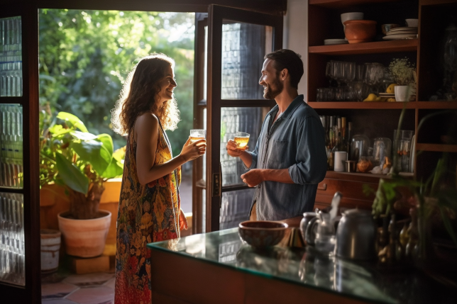 A couple having a lovely conversation at their sunny and tropical home, drinking water