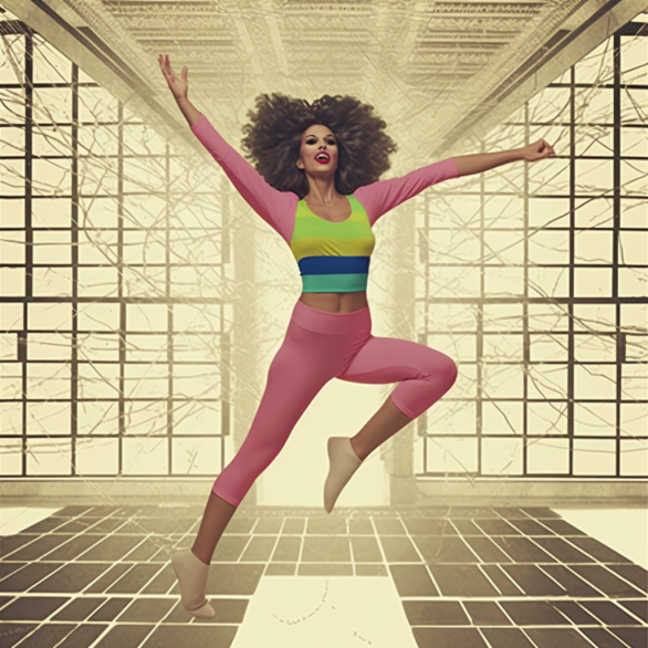 A woman in 80s aerobic fashion dancing in the halls of central bank of America