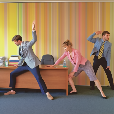 Office colleagues stretching in a colorful office