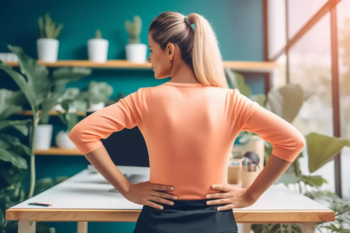 Woman holding her lower back from back pain wearing orange pastelle shirt