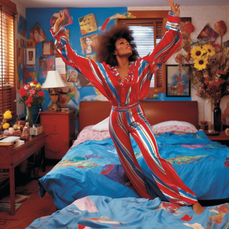 whitney houston dancing in a messy bedroom