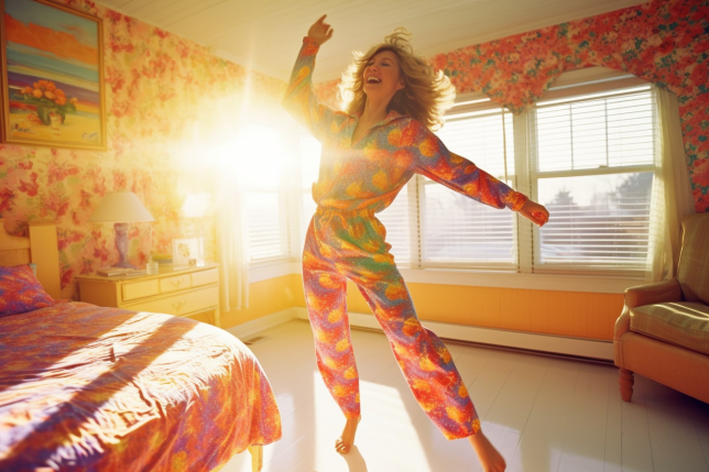 A happy woman doing morning exercise in her pajamas