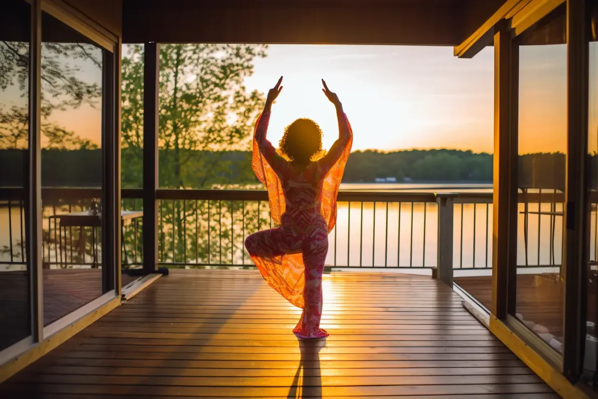 A woman doing the morning yoga routine on a porch in the lakehouse