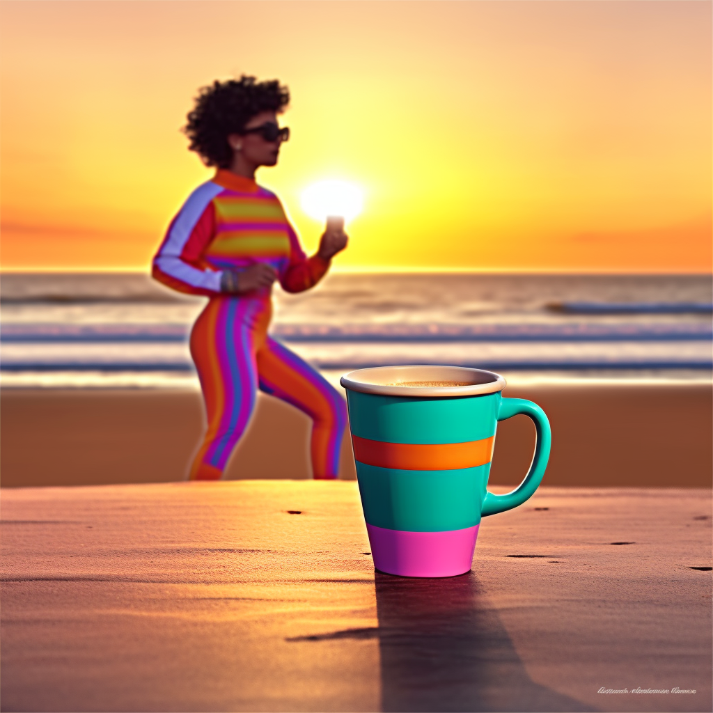 A stylish coffee cup with a woman exercising in the background