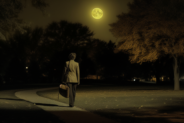 A woman walking through the park late at night after a long night shift