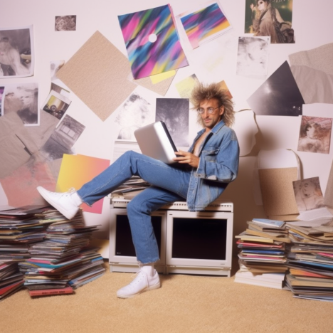 An image of 80s man wearing jeans in a dizzying room