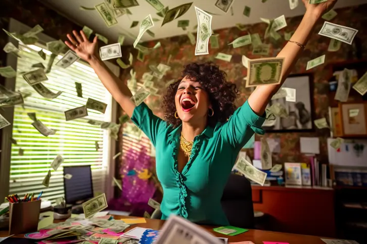 A woman tossing dollar bils in the air looking excited and happy like she won a lotery