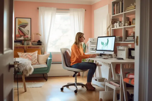 Woman in a cozy and comfortable room at her work desk sitting upriht and remote working