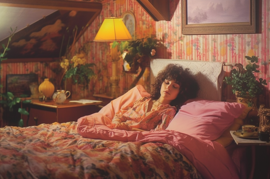 A young woman sound aleep in her bed in a cosy 1980s styled bedroom