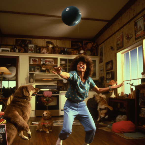 A woman in her apartment catching a bouncing ball with her dogs