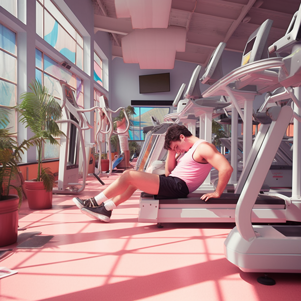 A man struggling to get through the workout in a fitness center sitting on a threadmill